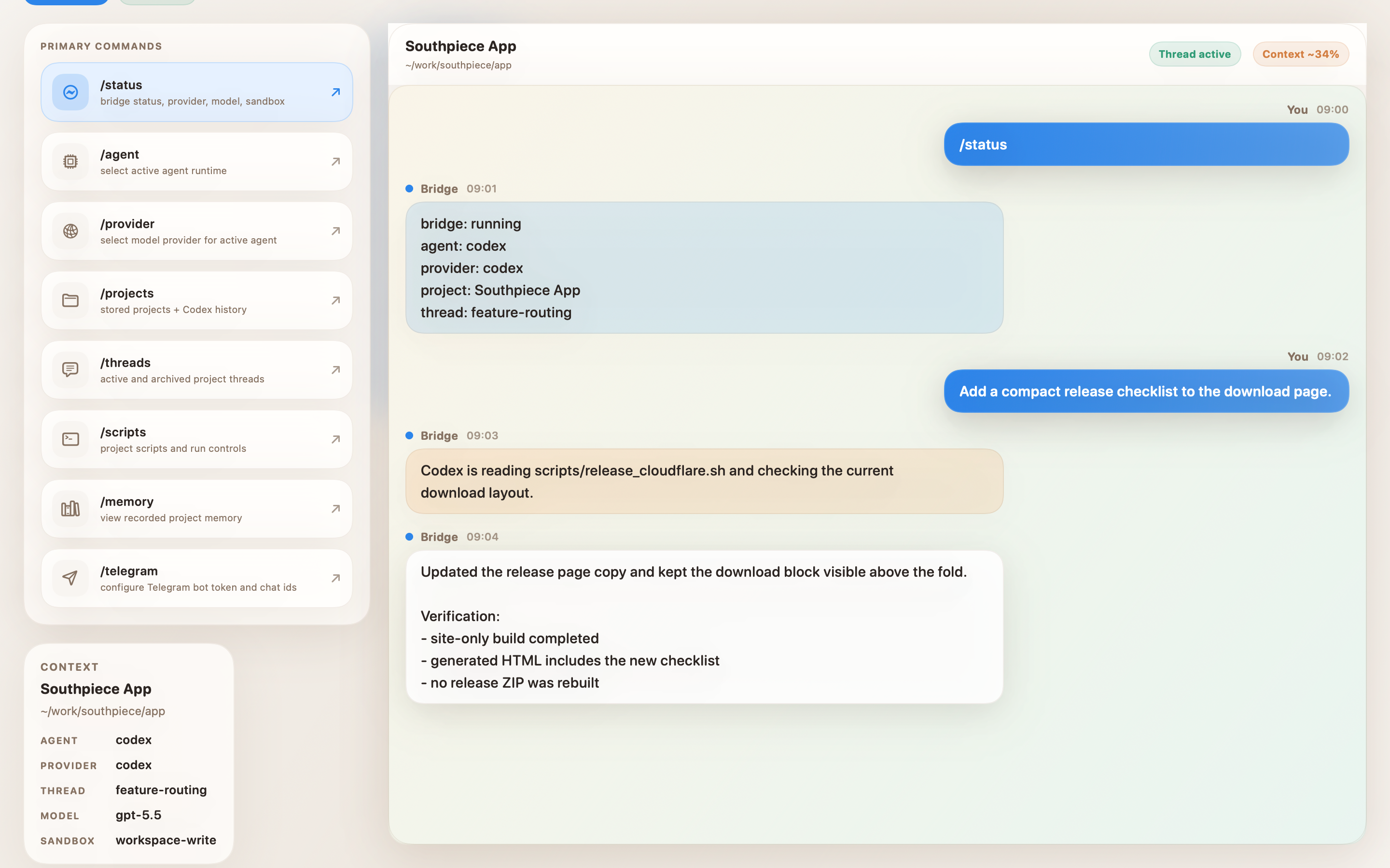 PromptPiece macOS app showing project sidebar, command controls, conversation, and usage status